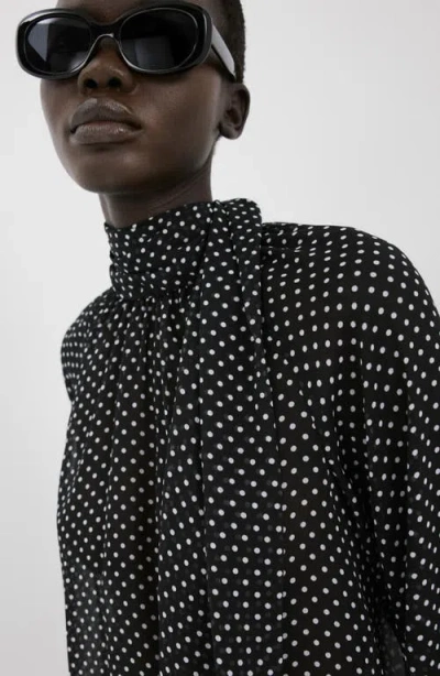 Mango Dot Tie Neck Top In Black