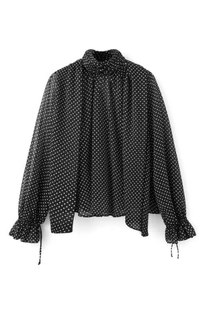 Mango Dot Tie Neck Top In Black