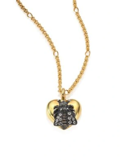 Shop Gucci Bee & Heart Grey Diamond & 18k Yellow Gold Pendant Necklace In Na