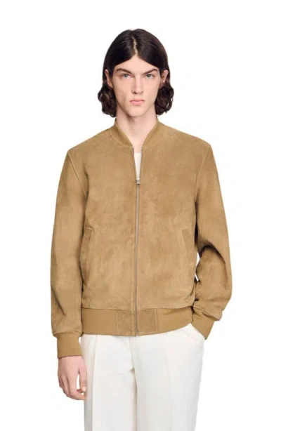 Sandro Zip-up Split Leather Jacket In Brown
