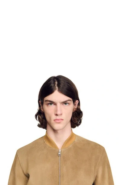 Sandro Zip-up Split Leather Jacket In Brown