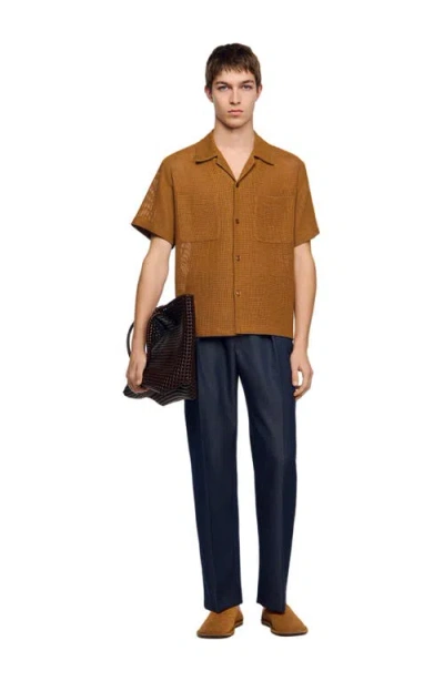 Sandro Openwork Mesh Shirt In Brown
