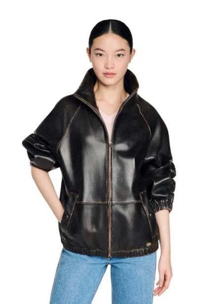Sandro Jordan Distressed Leather Jacket In Black