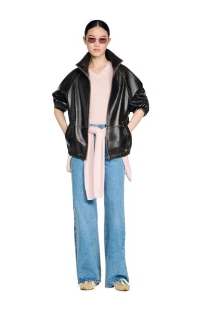 Sandro Jordan Distressed Leather Jacket In Black