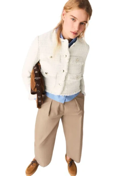Maje Fringed Buttoned Tweed Jacket In White