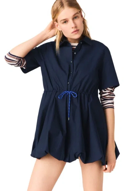 Maje Womens Navy Bubble-hem Short-sleeve Cotton Mini Dress In Blue