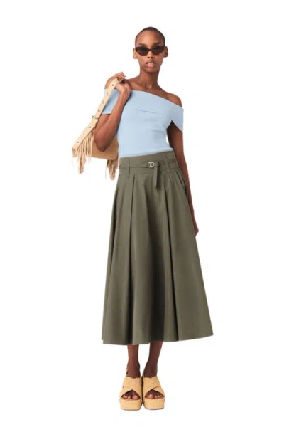 Maje Womens Khaki Pleated Belted-waist Cotton-blend Maxi Skirt In Green