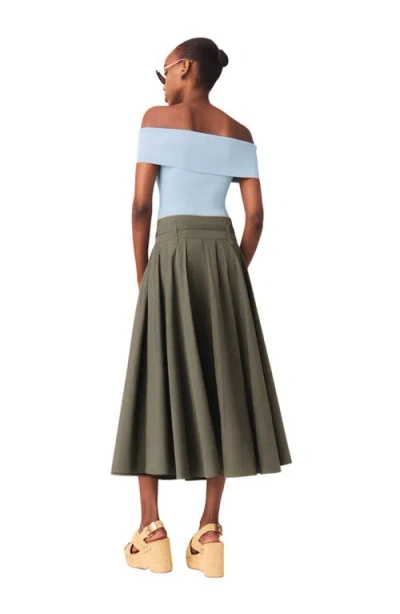 Maje Womens Khaki Pleated Belted-waist Cotton-blend Maxi Skirt In Green