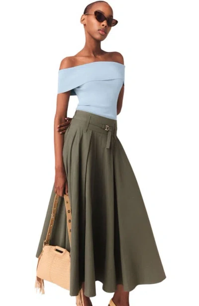Maje Womens Khaki Pleated Belted-waist Cotton-blend Maxi Skirt In Green
