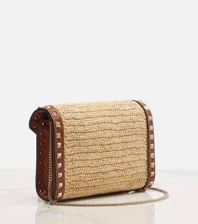Valentino Garavani Mini Rockstud Raffia Crochet Shoulder Bag In Brown