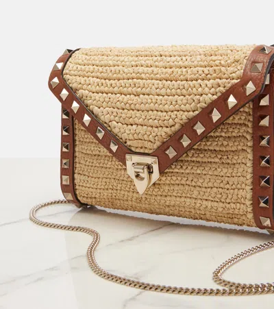 Valentino Garavani Mini Rockstud Raffia Crochet Shoulder Bag In Brown