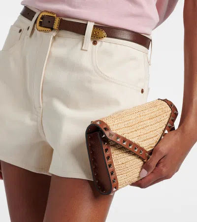Valentino Garavani Mini Rockstud Raffia Crochet Shoulder Bag In Brown