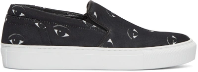 Kenzo 10mm Eye Cotton Canvas Slip-on Sneakers, Black/white