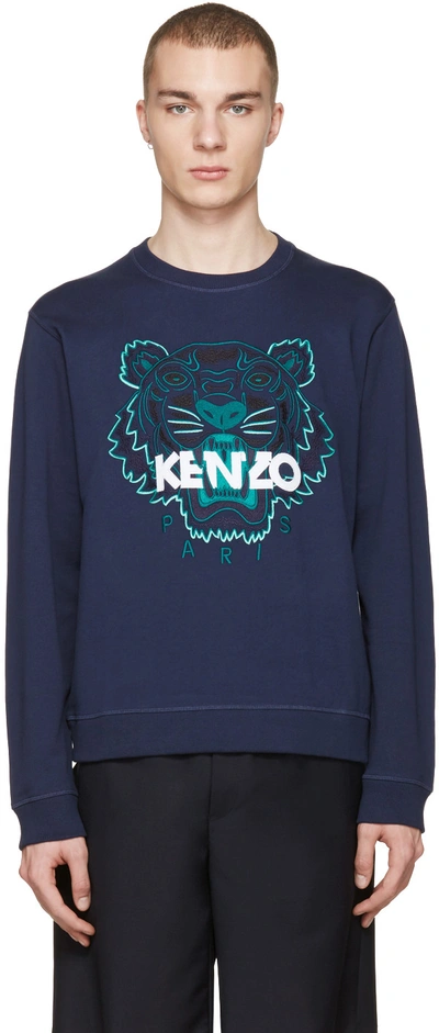 Kenzo Embroidered Tiger Cotton Sweatshirt, Blue In Blue