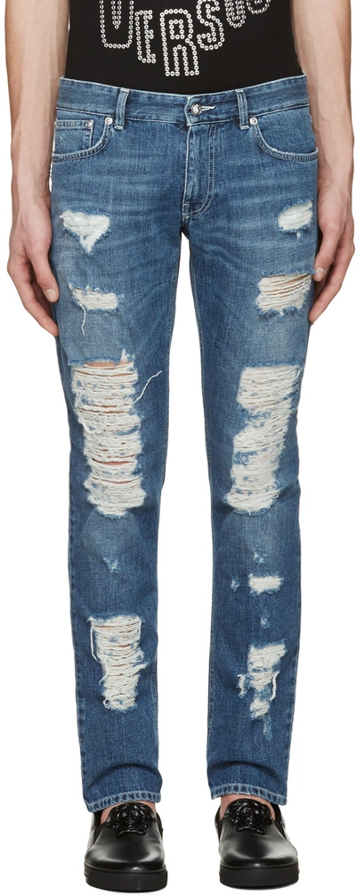 Versus Blue Destroyed Jeans In Denim Chiaro