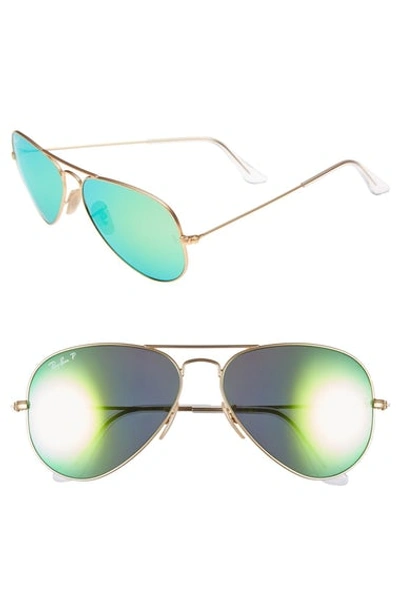 Gucci Ray-ban Standard Icons 58mm Mirrored Polarized Aviator Sunglasses In Gold/ Green Mirror