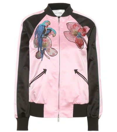 Valentino Tropical Embroidered Satin Moto Jacket In Pink