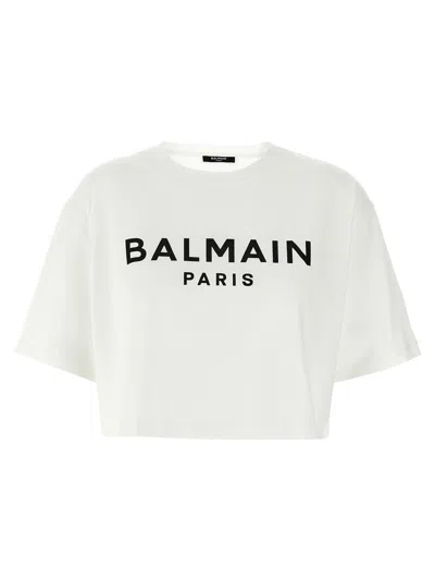 Balmain Printed Logo Cropped T-shirt In White