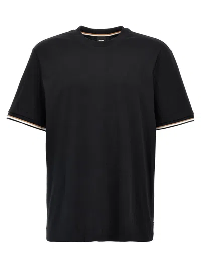 Hugo Boss Cotton-jersey T-shirt With Signature-stripe Cuffs In Dark Blue