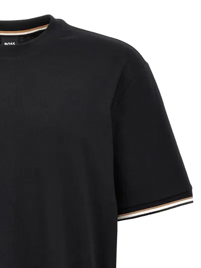 Hugo Boss Cotton-jersey T-shirt With Signature-stripe Cuffs In Dark Blue