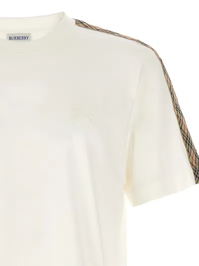 Burberry White Crewneck T-shirt With Check Motif On The Sleeve And Ekd Logo Embroidery On The Front In Cotton