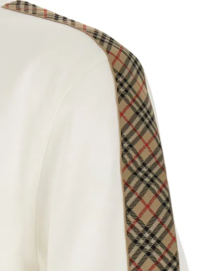 Burberry White Crewneck T-shirt With Check Motif On The Sleeve And Ekd Logo Embroidery On The Front In Cotton