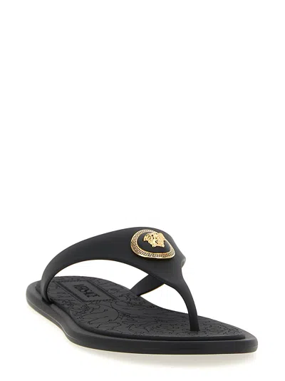 Versace Flat Sole Open Toe Sandals With Medusa Motif In Black
