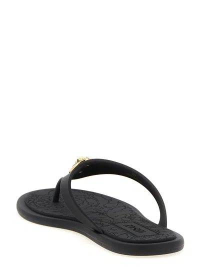 Versace Flat Sole Open Toe Sandals With Medusa Motif In Black