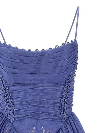 Zimmermann Rebellion Lace-up Embellished Pleated Gathered Printed Linen And Silk-blend Midi Dress In Blue