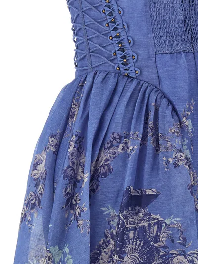 Zimmermann Rebellion Lace-up Embellished Pleated Gathered Printed Linen And Silk-blend Midi Dress In Blue
