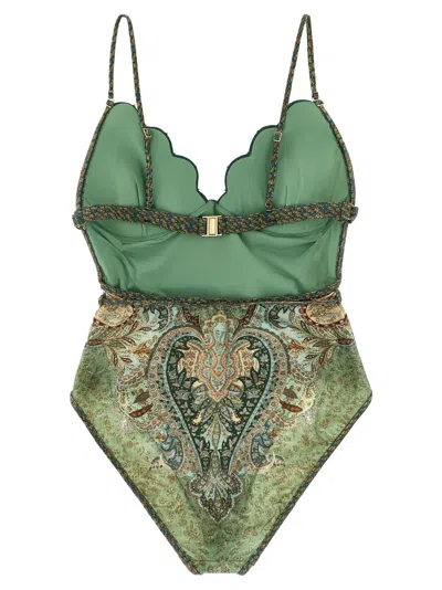 Zimmermann Wanderlust Belted Embellished Scalloped Printed Swimsuit In Green