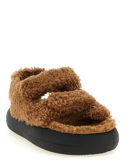 Moon Boot Shearling Sandals With Thick Sole In Brown