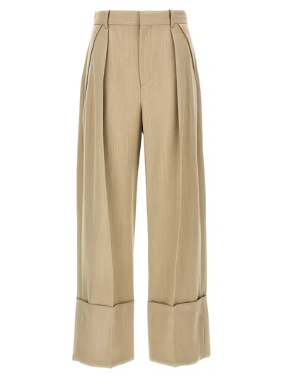 Victoria Beckham Wide Leg Pleated Cuffed Pants With Back Pocket In Brown