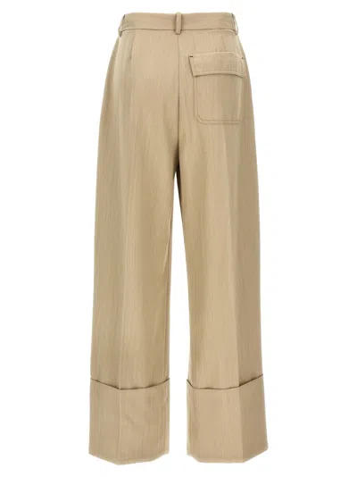 Victoria Beckham Wide Leg Pleated Cuffed Pants With Back Pocket In Brown