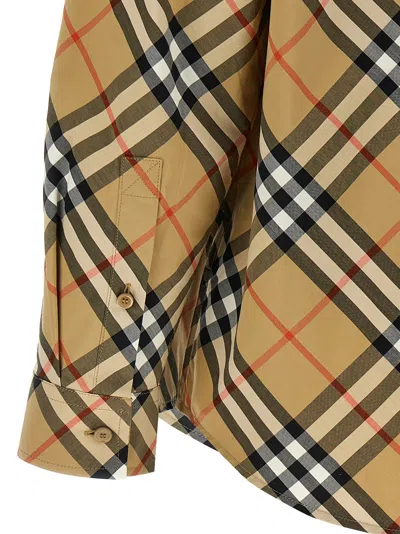 Burberry Women Beige Shirt With Classic Collar And All-over Check Motif In Cotton Woman In Brown