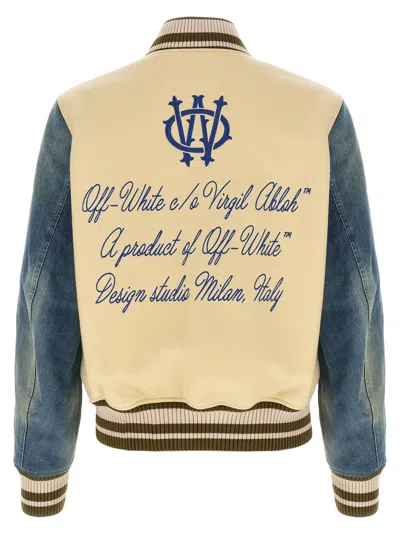 Off-white Gothic Wool Denim Varsity Puffer Jackets White In Blue