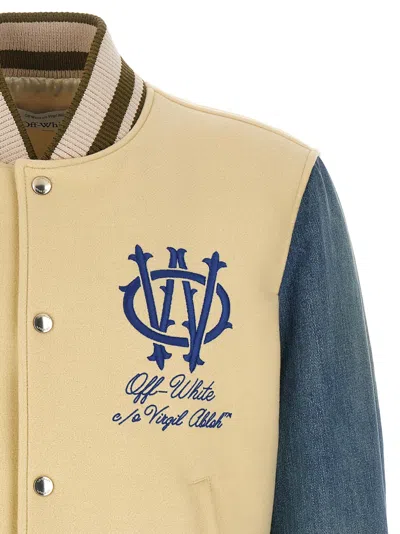 Off-white Gothic Wool Denim Varsity Puffer Jackets White In Blue