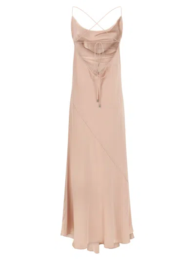 Pinko Pink Sleeveless Long Dress With Criss-crossed Spaghetti Straps In Tech Fabric Woman In Gold