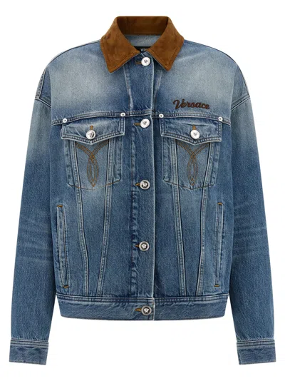 Versace Cotton Denim Jacket Long Sleeves Contrast Collar In Blue