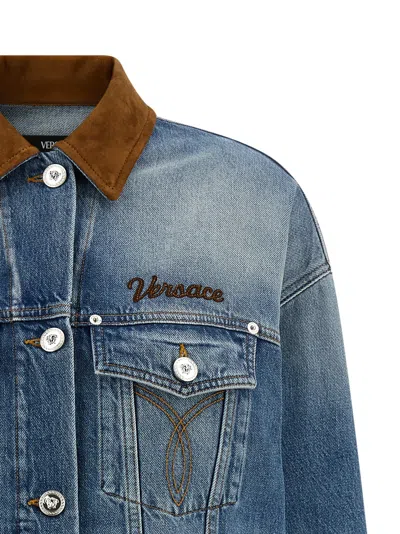 Versace Cotton Denim Jacket Long Sleeves Contrast Collar In Blue