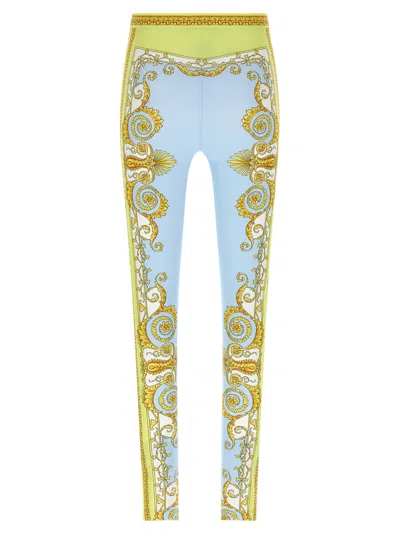 Versace Blue Leggings With All-over Geometric Print In Stretch Fabric Woman In Multi