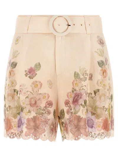 Twinset Beige Shorts With Floral Print And Waist Belt In Linen Woman In Neutral