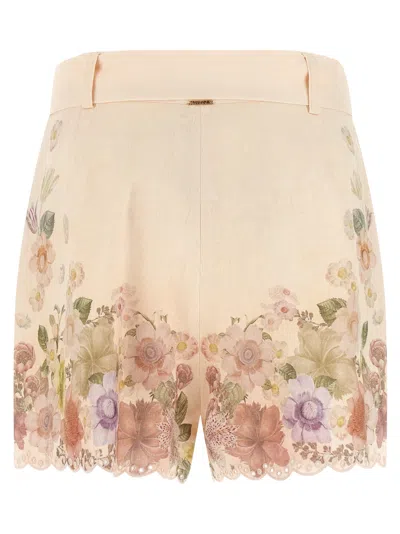 Twinset Beige Shorts With Floral Print And Waist Belt In Linen Woman In Neutral