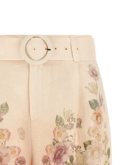 Twinset Beige Shorts With Floral Print And Waist Belt In Linen Woman In Neutral