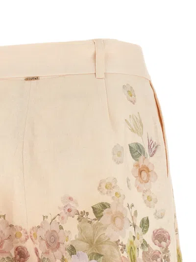 Twinset Beige Shorts With Floral Print And Waist Belt In Linen Woman In Neutral