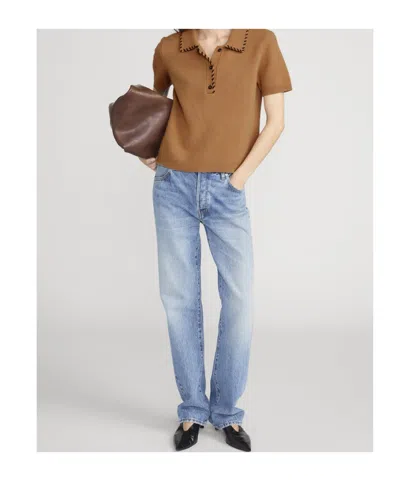 Frame Whipstitched Leather-trimmed Wool And Cashmere-blend Polo Shirt In Brown