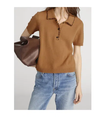 Frame Whipstitched Leather-trimmed Wool And Cashmere-blend Polo Shirt In Brown