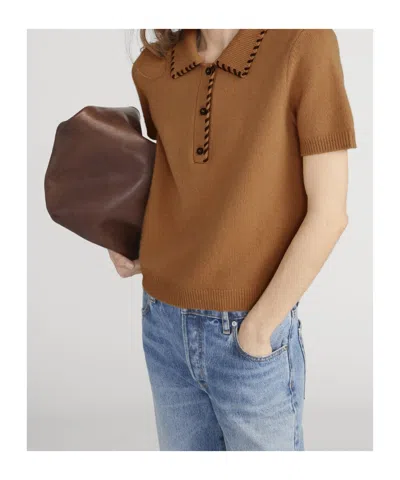 Frame Whipstitched Leather-trimmed Wool And Cashmere-blend Polo Shirt In Brown