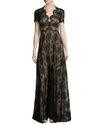 CATHERINE DEANE SHORT-SLEEVE LACE GOWN, PORT RED/BLACK