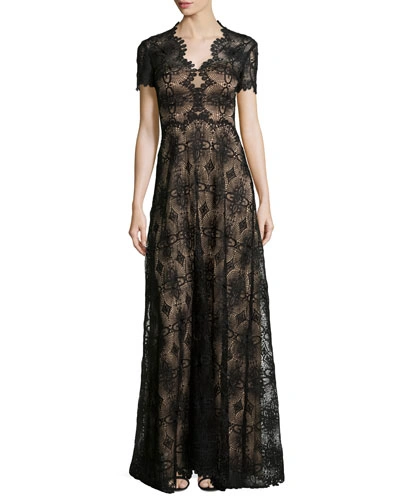 Catherine Deane Short-sleeve Lace-embroidered Gown, Black/almond